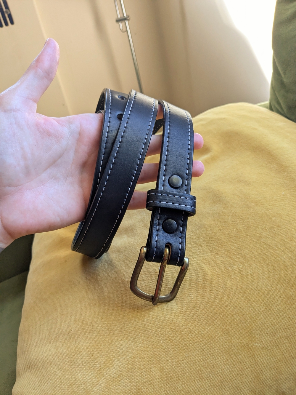 Black Leather Belt with Contrast Stitching from Brenneman's Leather Goods